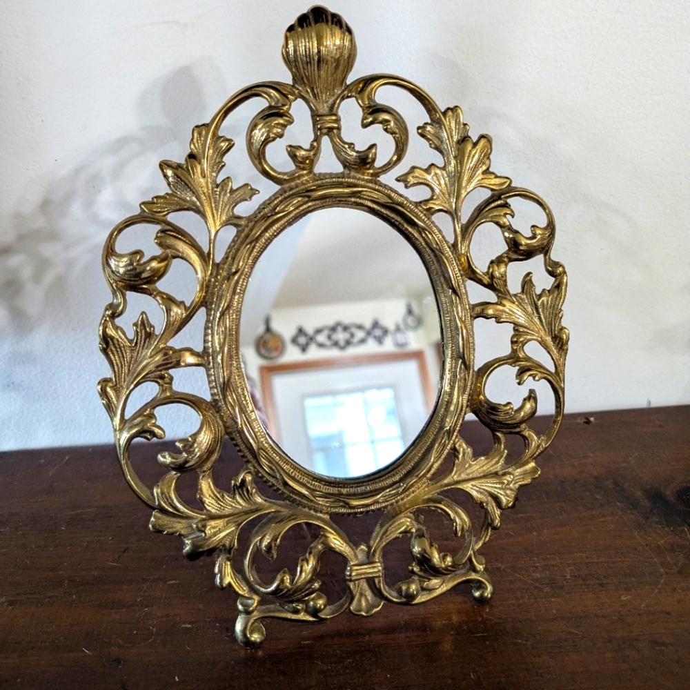 Antique Victorian Brass Tabletop Mirror Frame Easel Back Art Nouveau Vanity